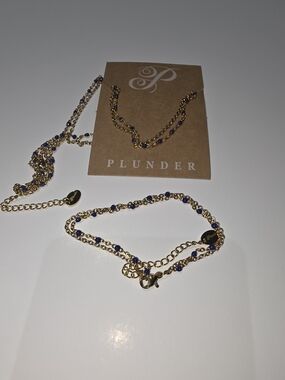 Plunder Gold Necklace and Bracelet Set with Royal Blue Beads